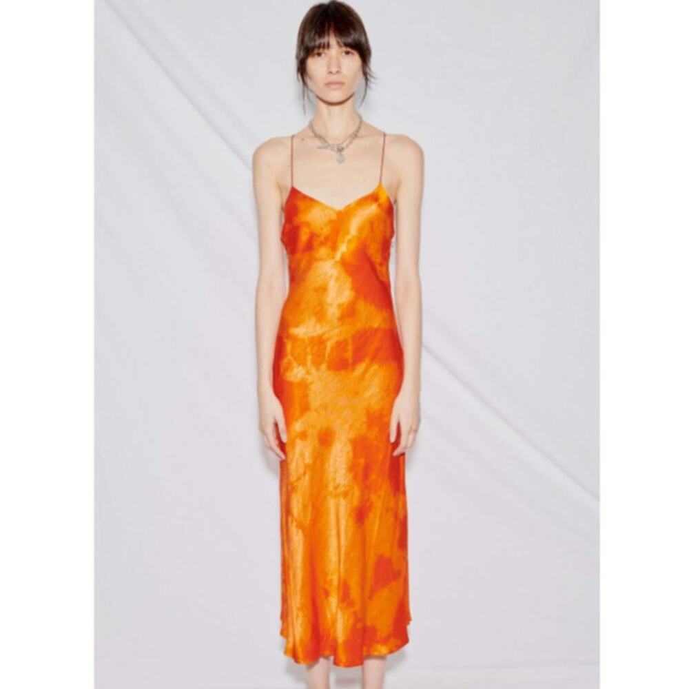 Assembly Satin Bias Strap Midi Dress Tie Dye Mandarin Orange Size Small